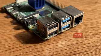 The USB and Ethernet ports on a Raspberry Pi 4