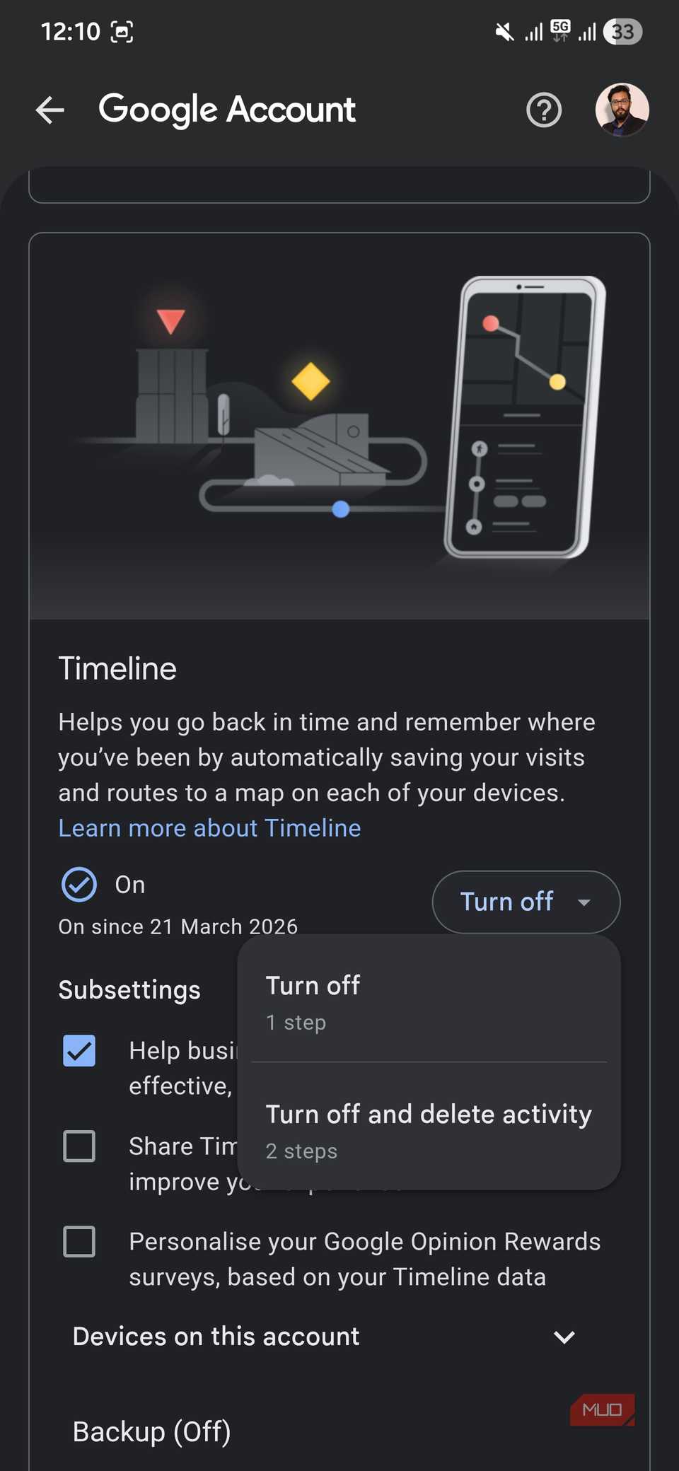 Google マップのタイムラインをオフにする設定画面