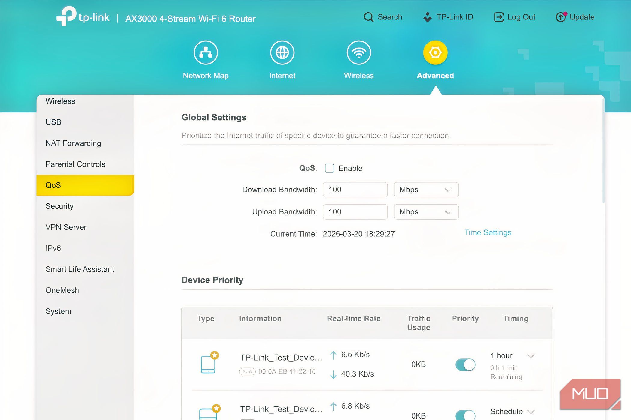 The QoS section of the TP-Link router showing that QoS is disabled