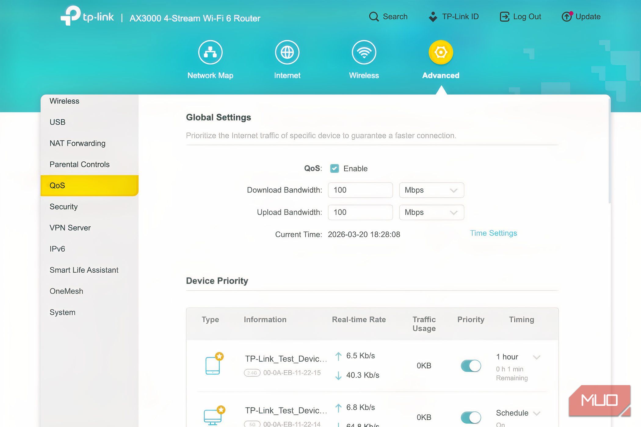 The QoS settings pane of a TP-Link router showing that QoS is enabled