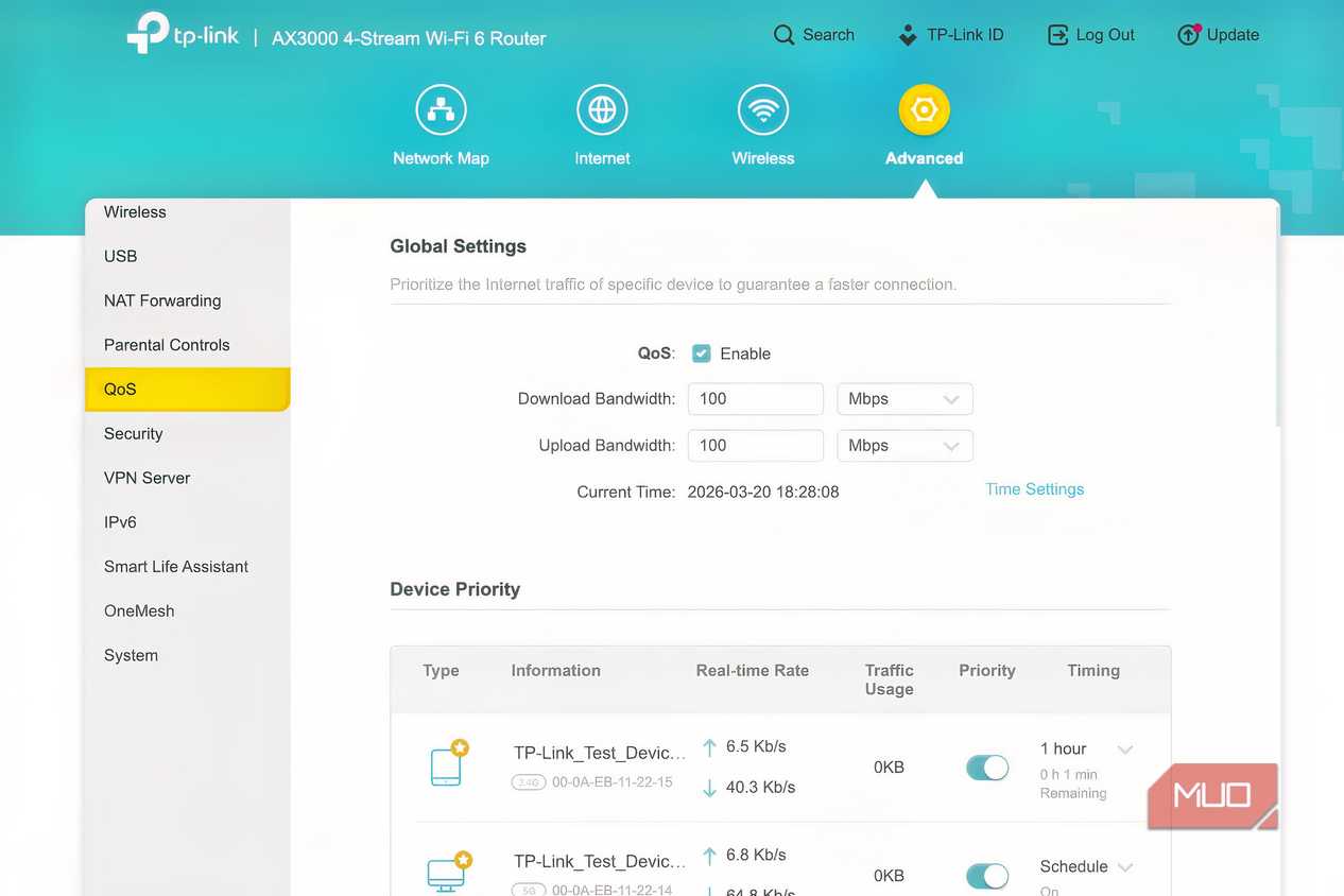 The QoS settings pane of a TP-Link router showing that QoS is enabled