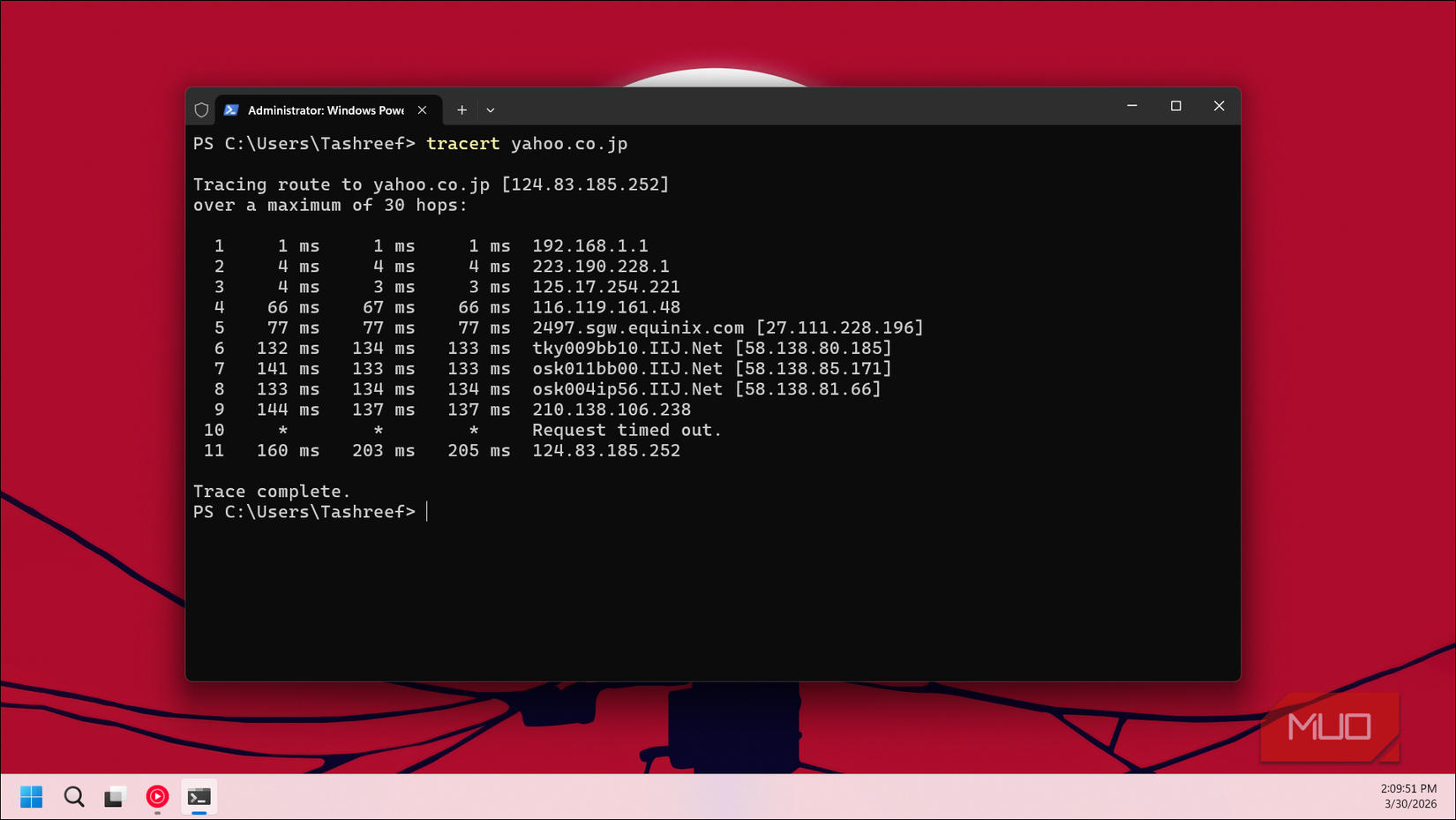 Tracert command in Windows 11 Terminal 2