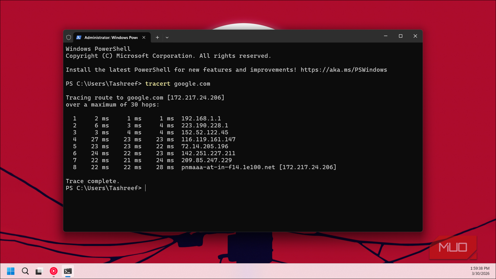 Tracert command in Windows 11 Terminal