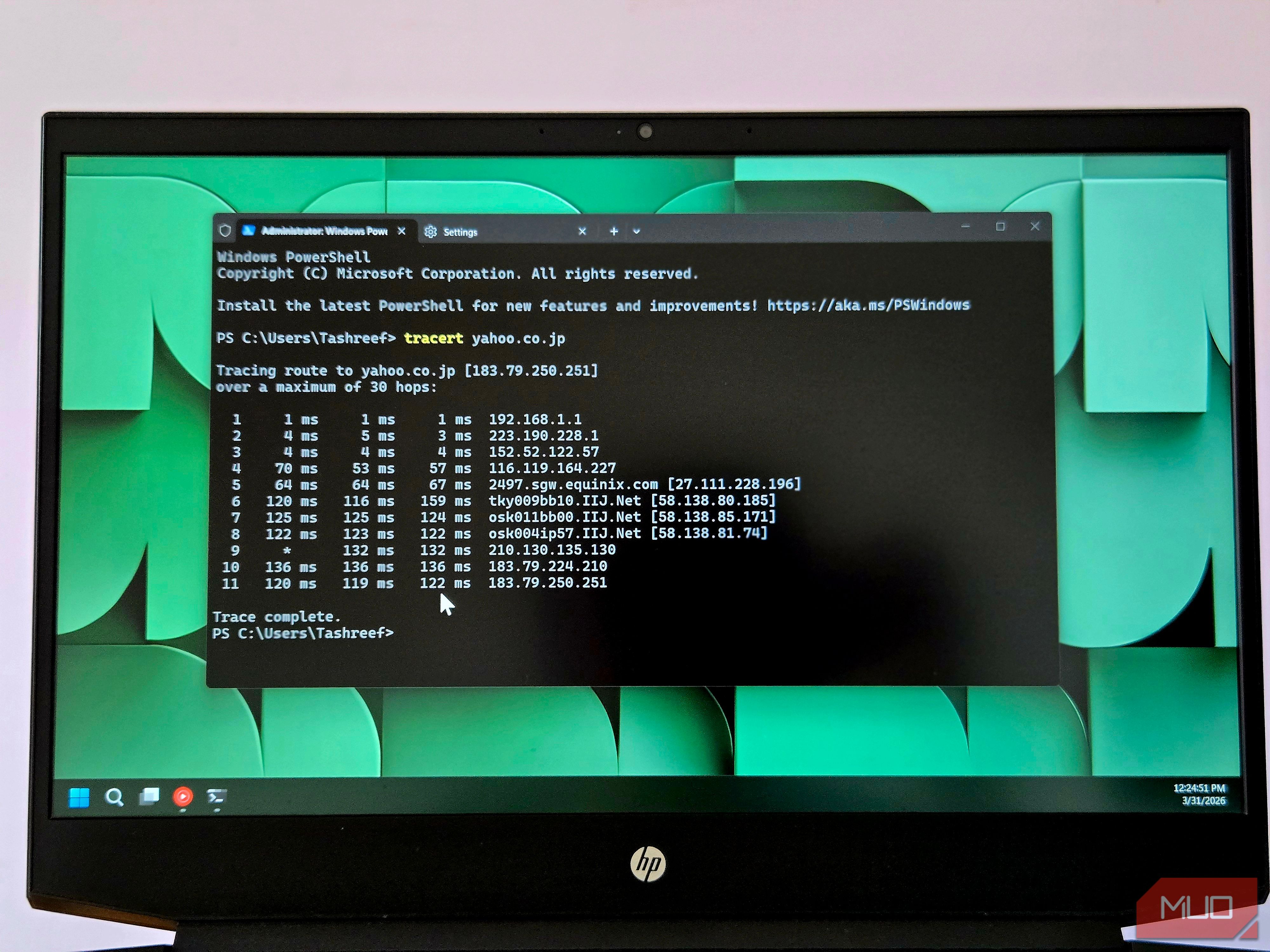tracert command running on Windows 11 Terminal (2)