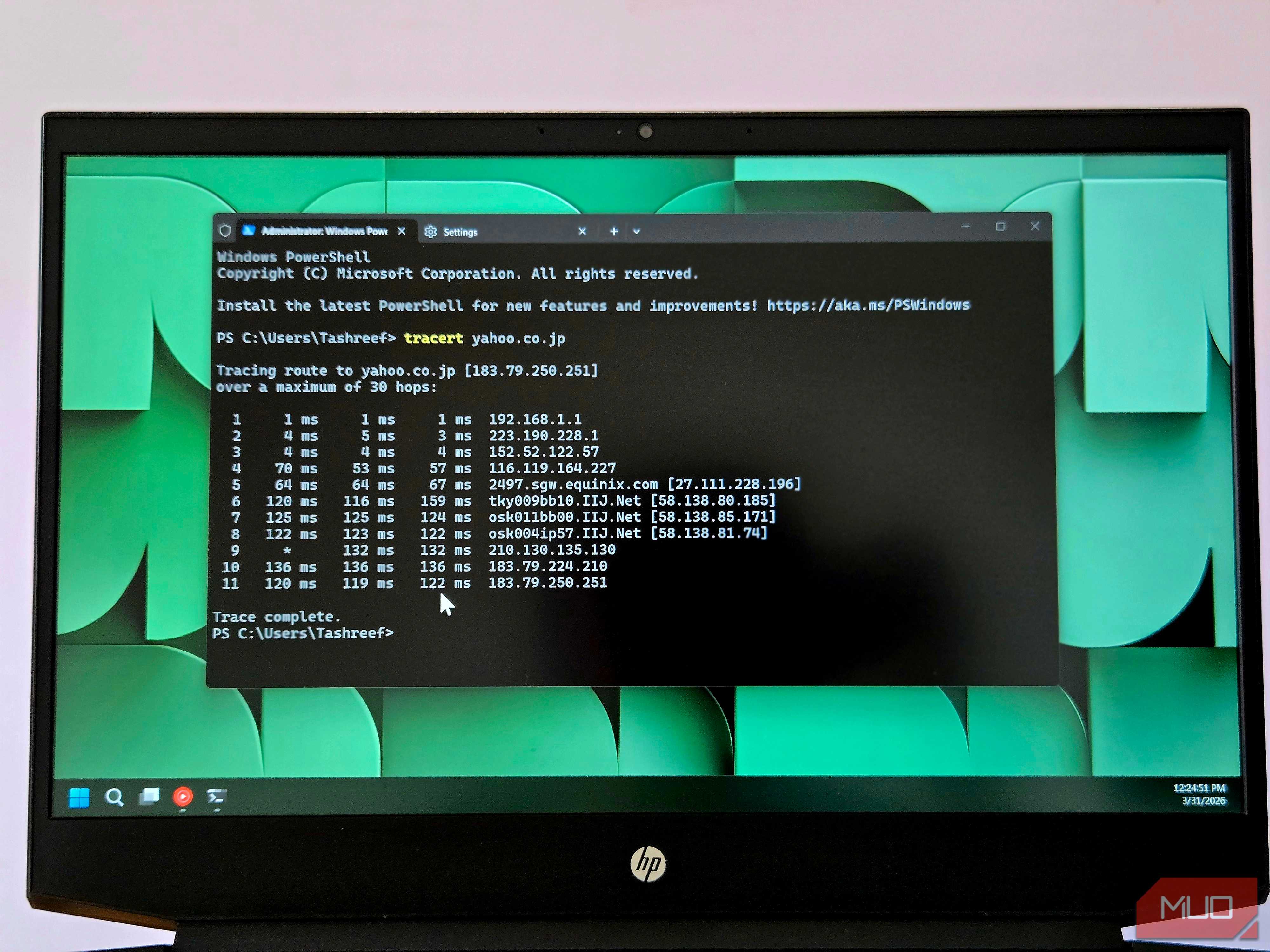 tracert command running on Windows 11 Terminal (2)