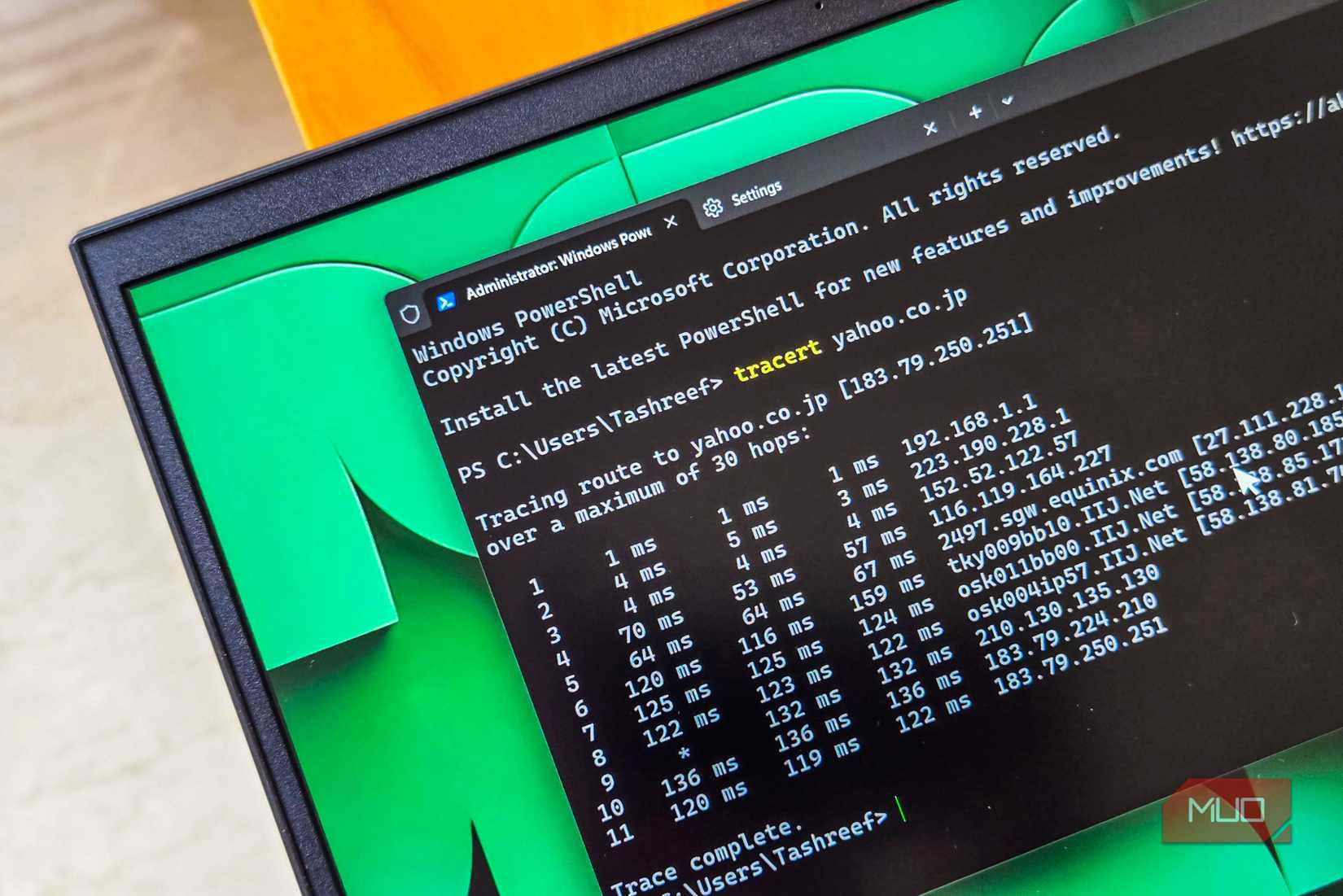 Tracert command running on Windows Terminal open on a HP Pavillion Laptop