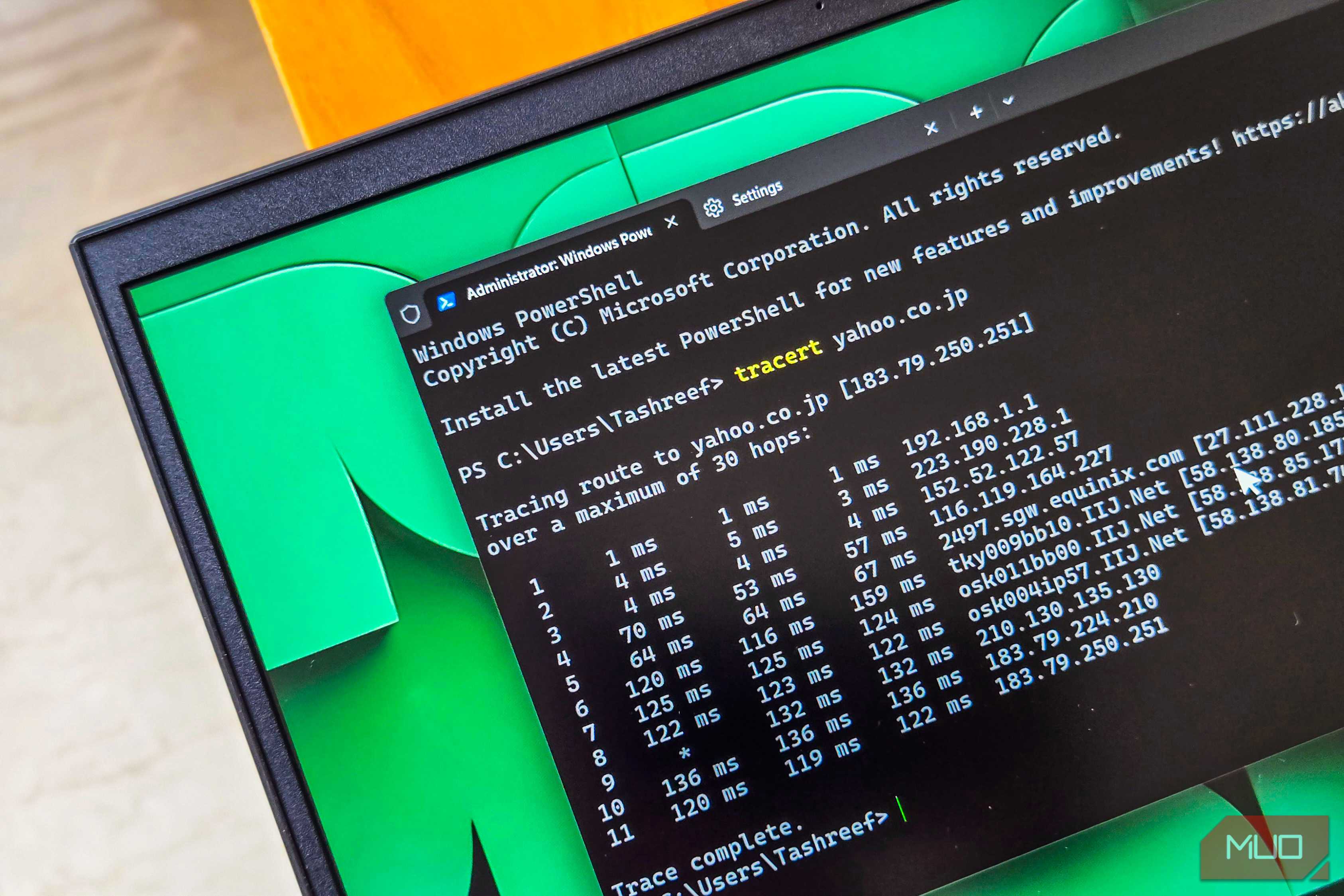 Tracert command running on Windows Terminal open on a HP Pavillion Laptop