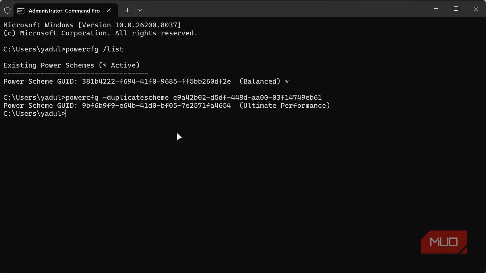 Ultimate Performance plan in Windows unclocked in the terminal.