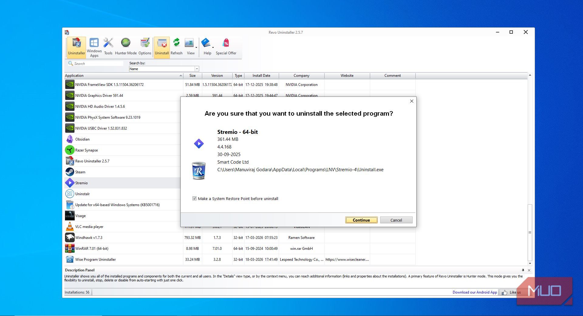 Uninstall confirmation screen in Revo Uninstaller