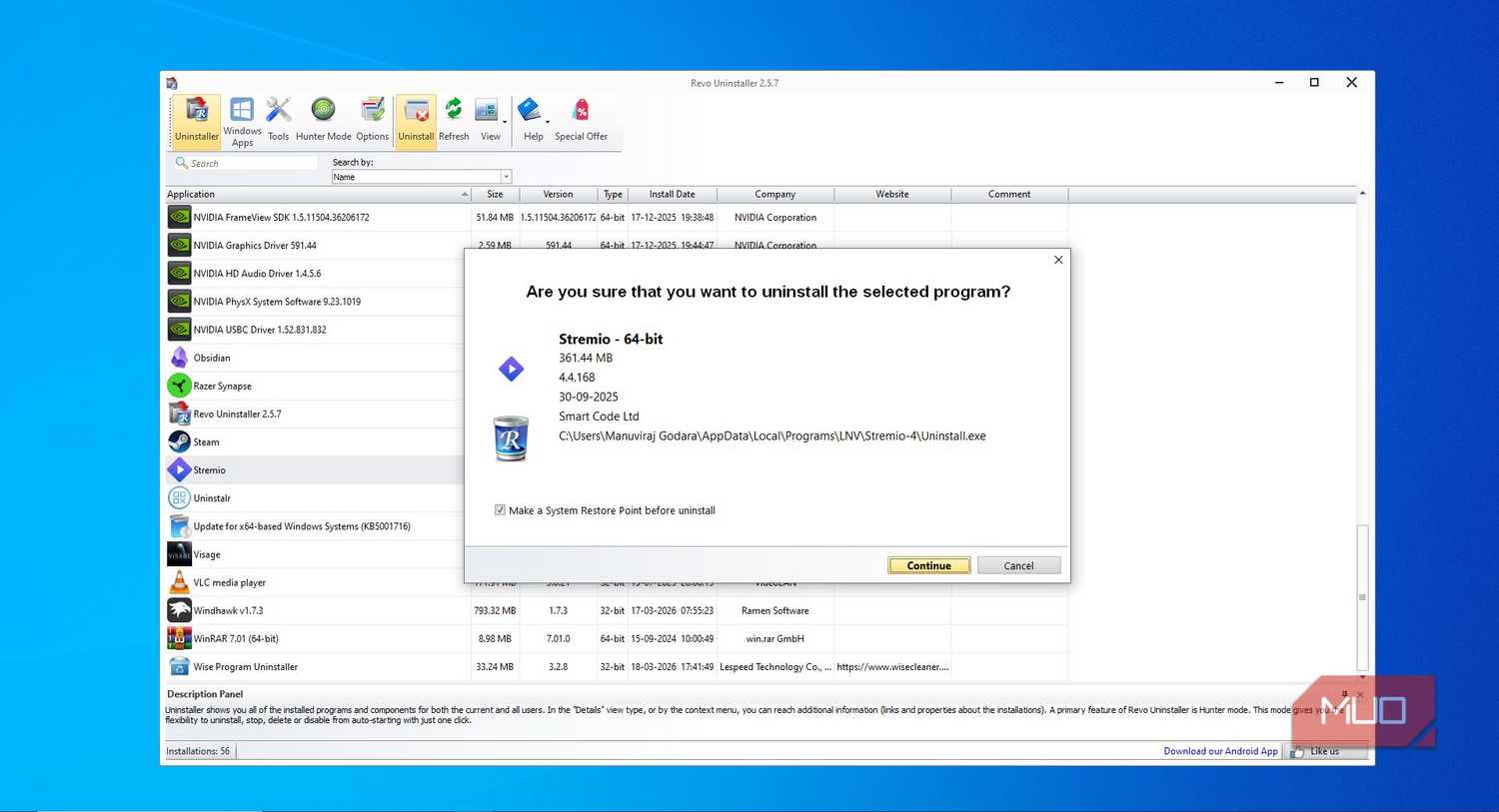 Uninstall confirmation screen in Revo Uninstaller