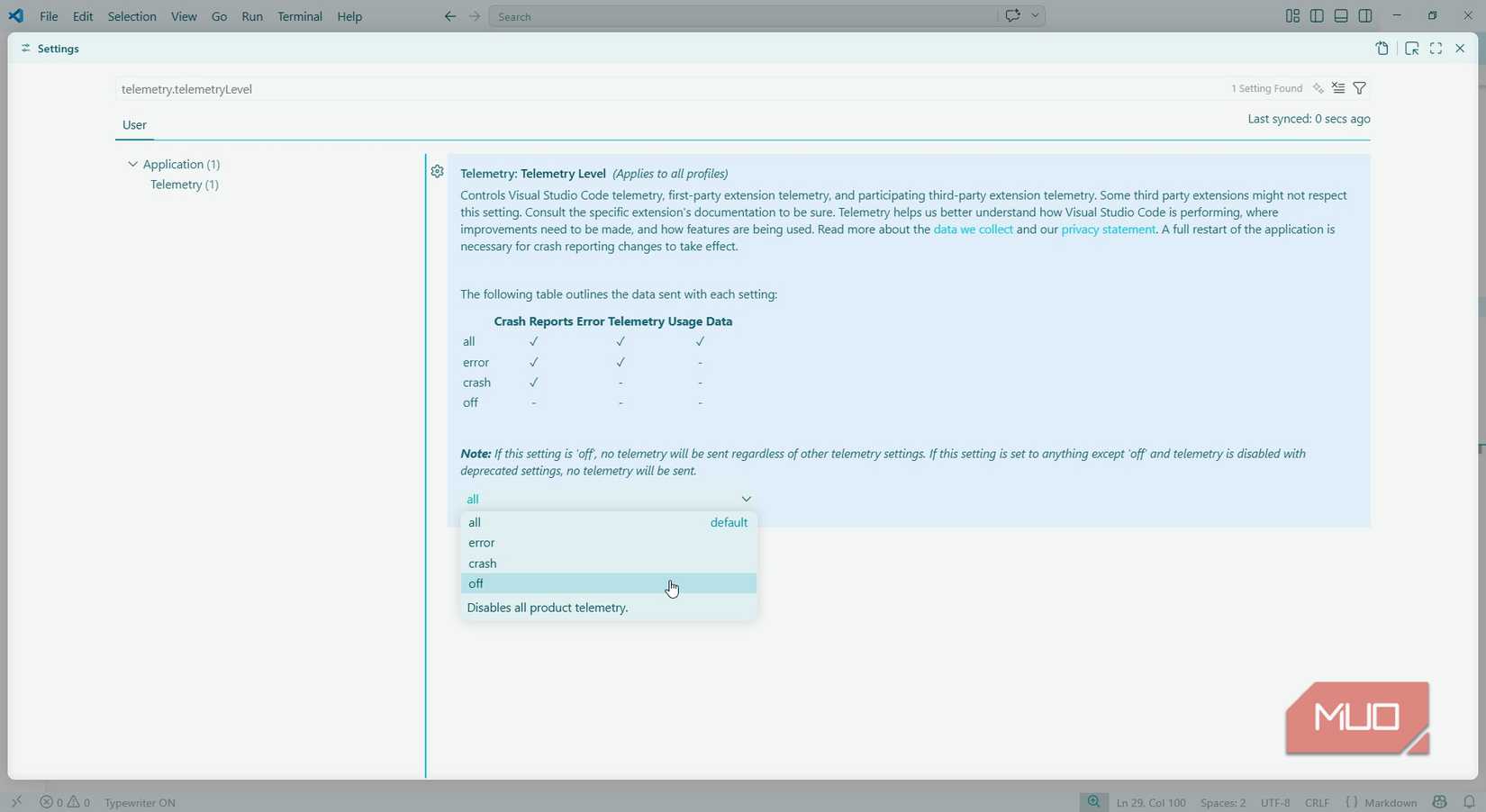 vs code telemetry setting.