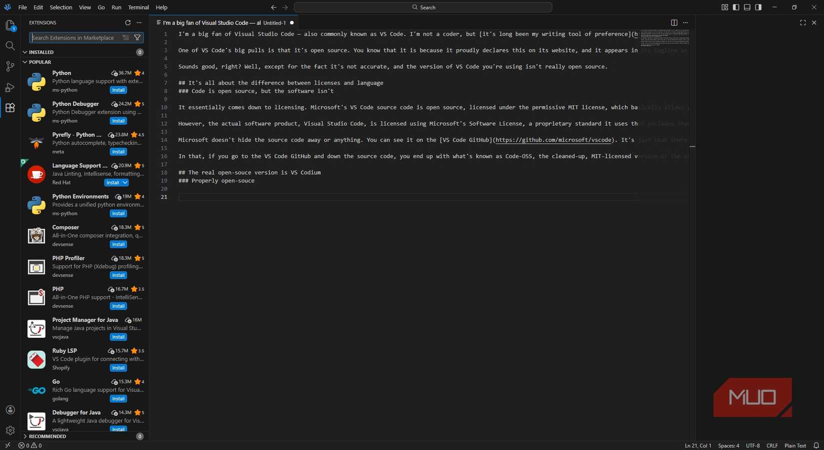 vs codium app with writing.
