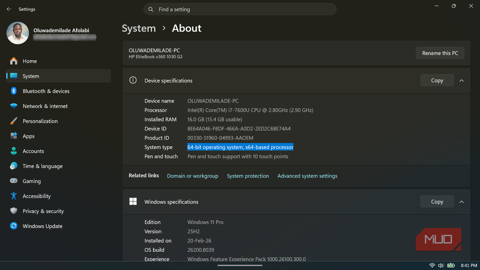 Windows 11 System About settings page highlighting the 64-bit operating system specification.