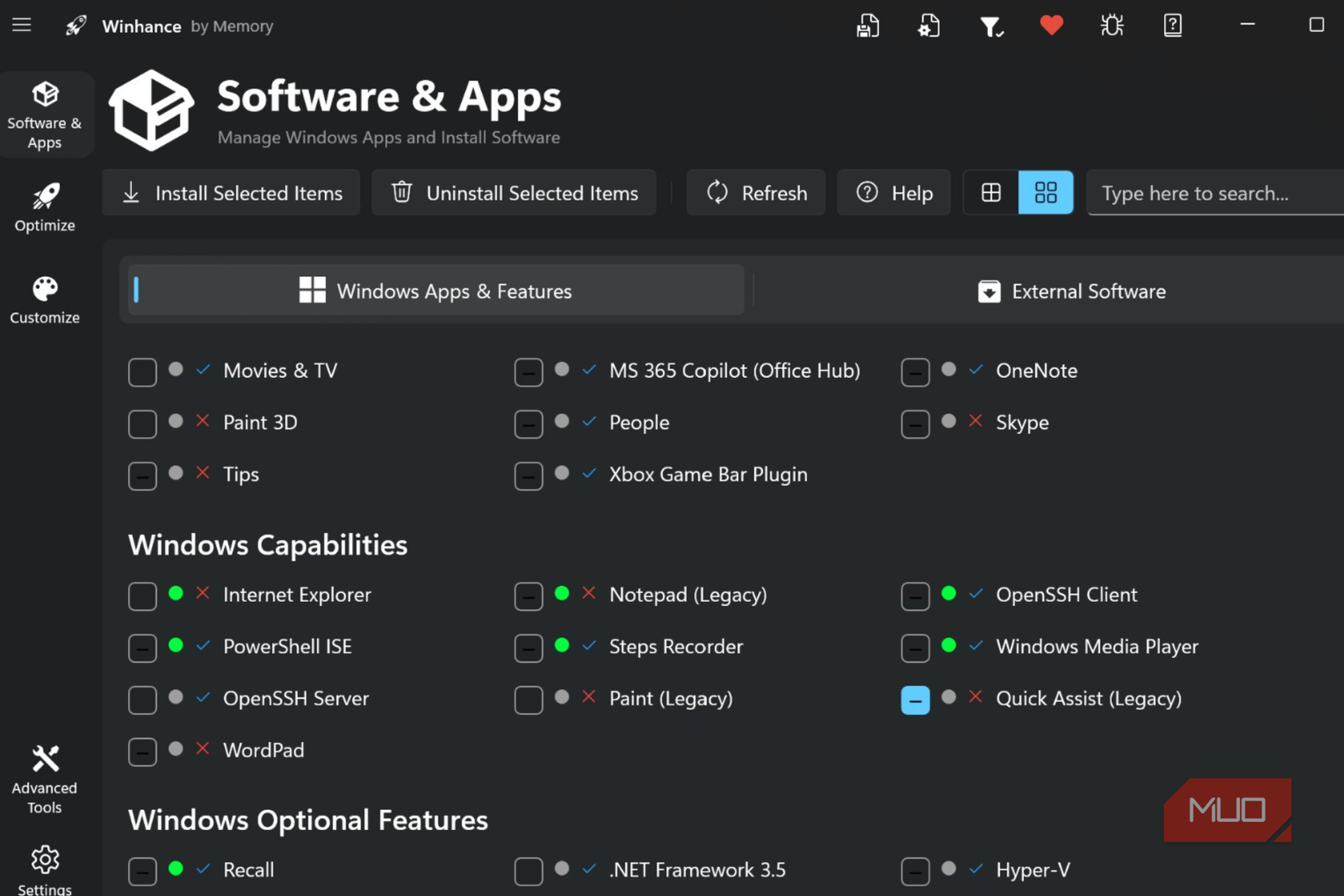 Windows apps & features on Winhance
