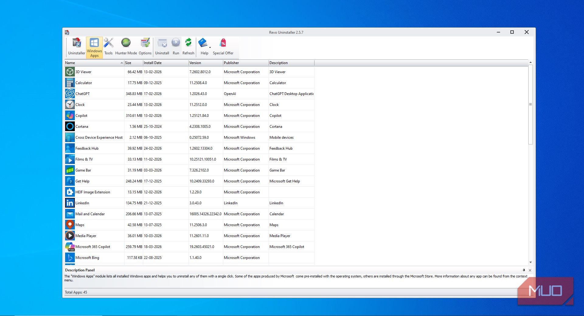 Windows apps listed in Revo Uninstaller
