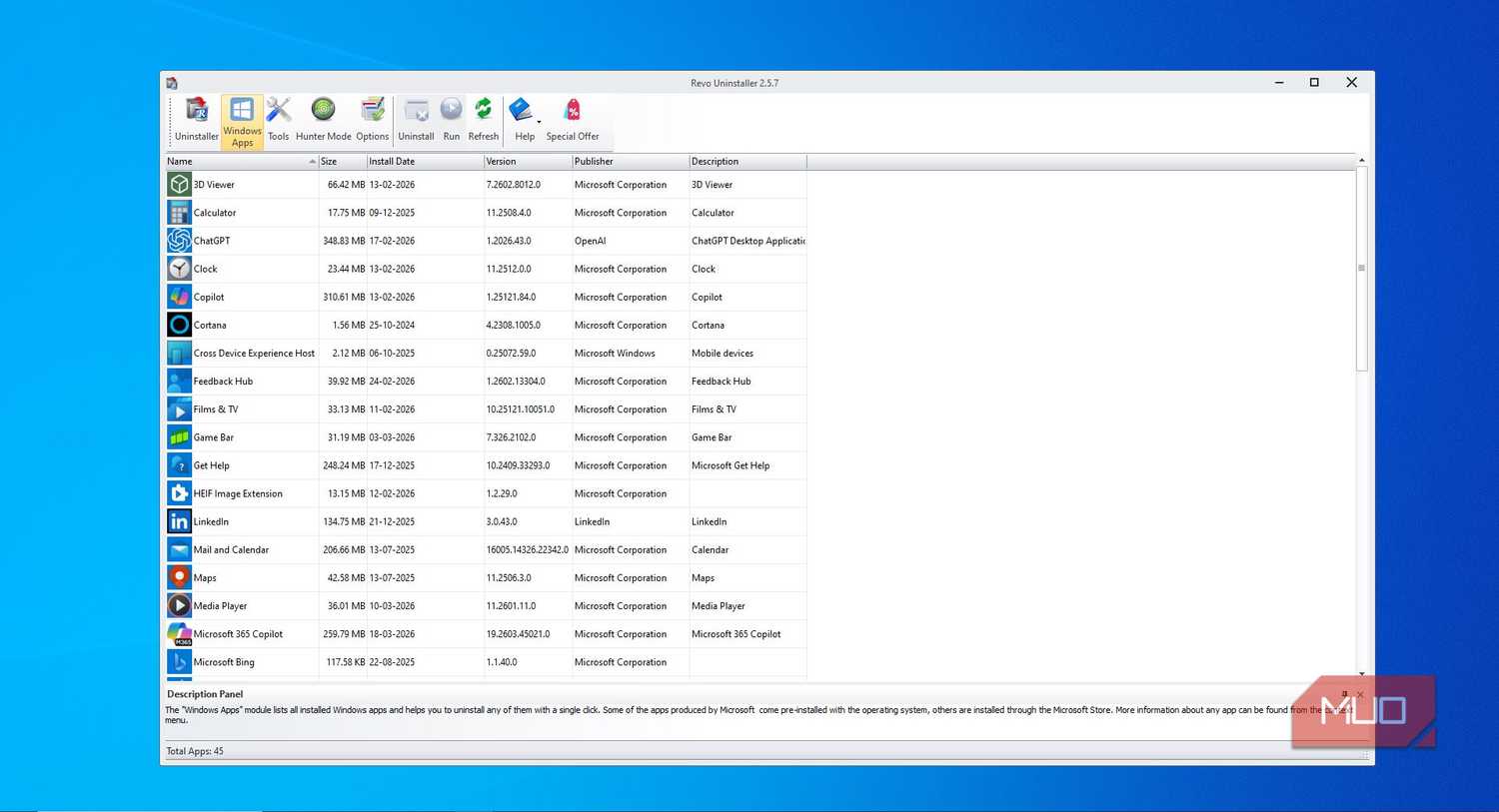 Windows apps listed in Revo Uninstaller