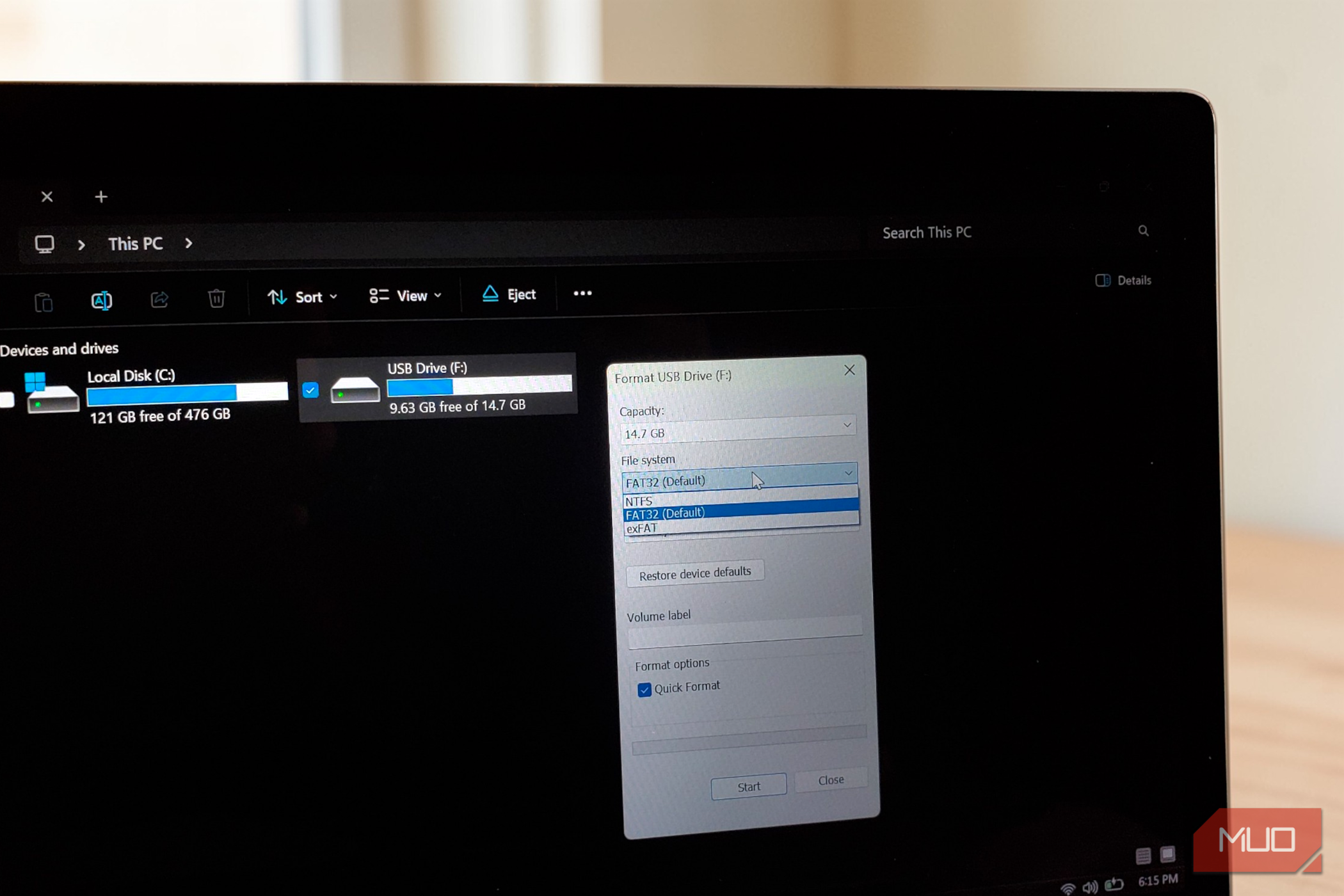 Windows Format USB Drive dialog box with the File system options visible.