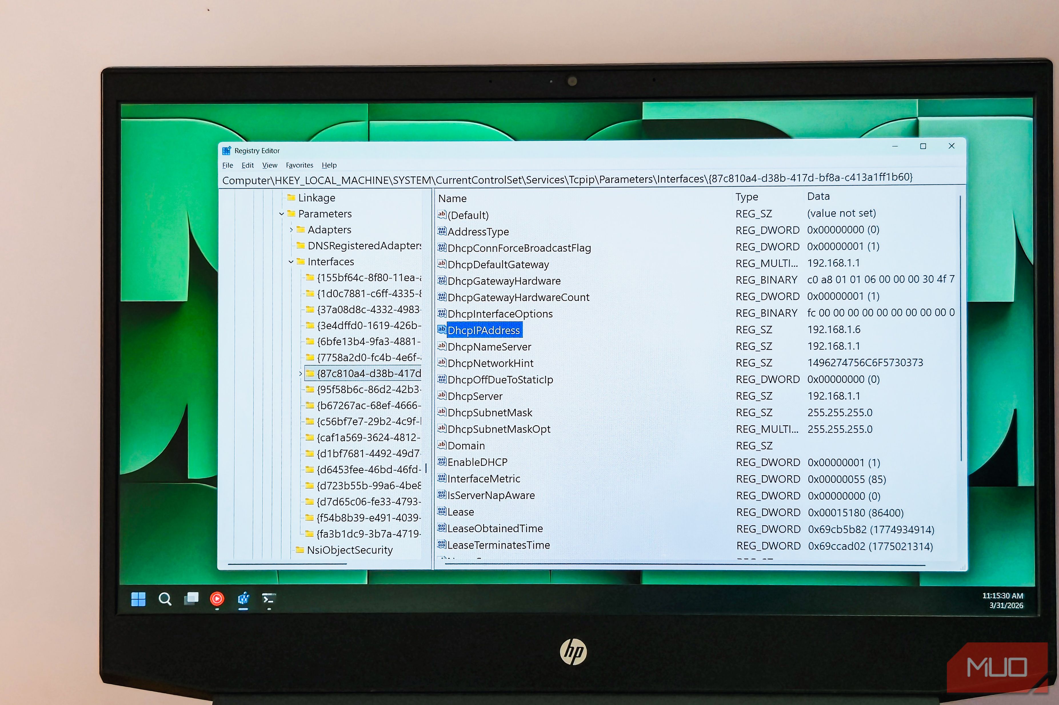 Windows Registry Editor open in Windows 11 on a HP Pavillion gaming laptop