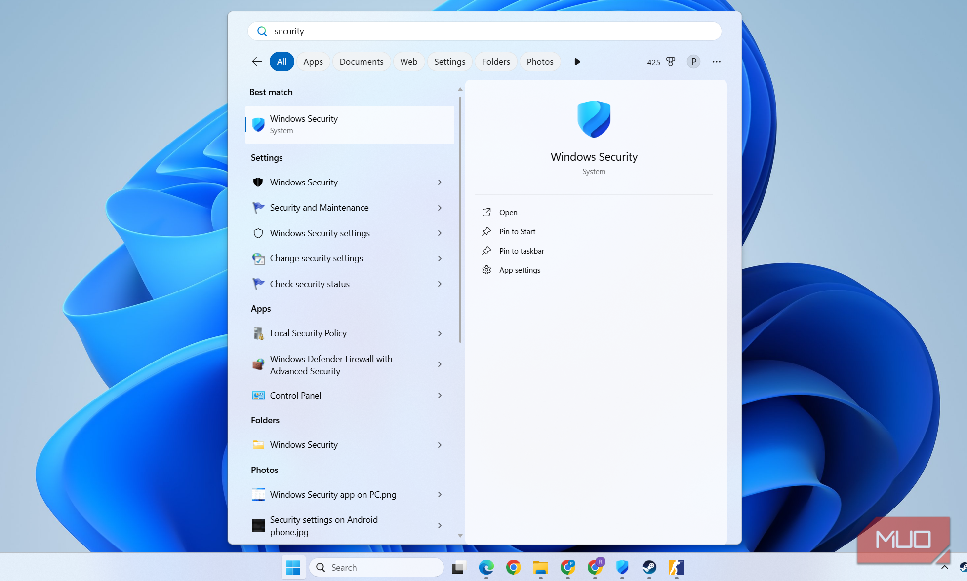 Windows Security app in Search menu