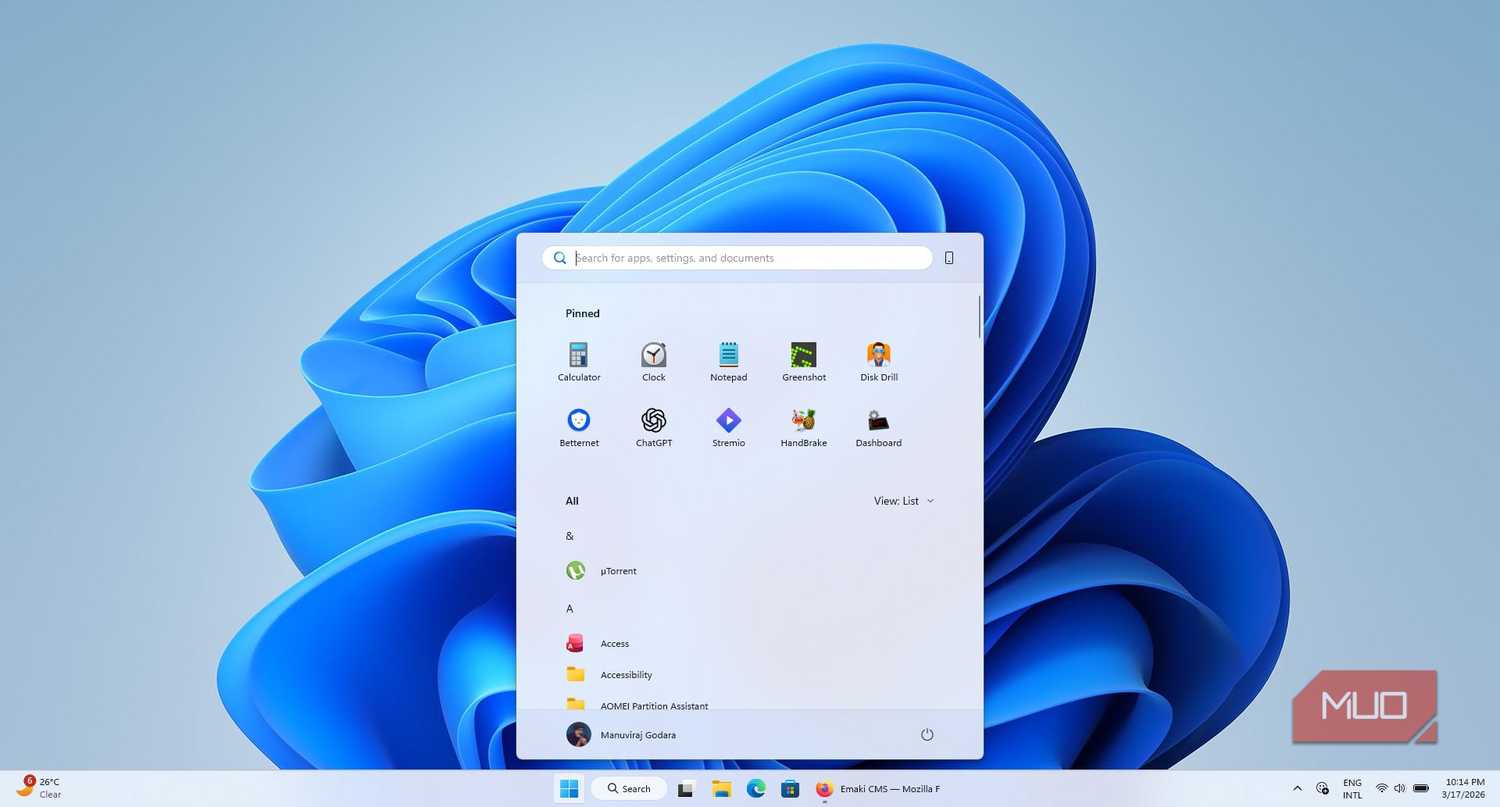 Windows Start menu after enabling the Start Menu Size mod