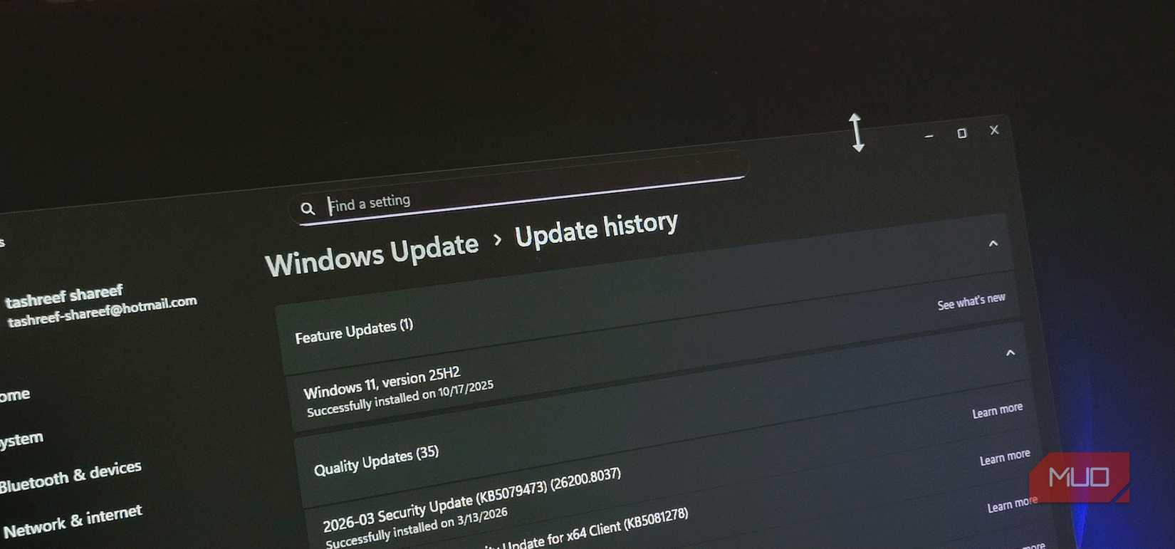 Windows Update history in the Settings app on Windows 11