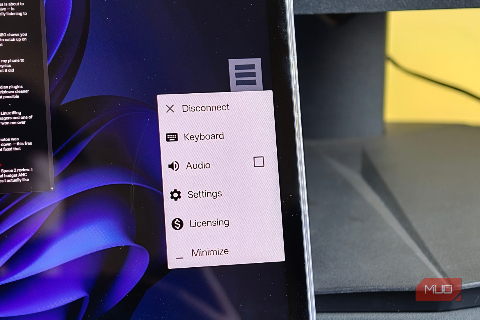 hamburger menu on spacedesk app