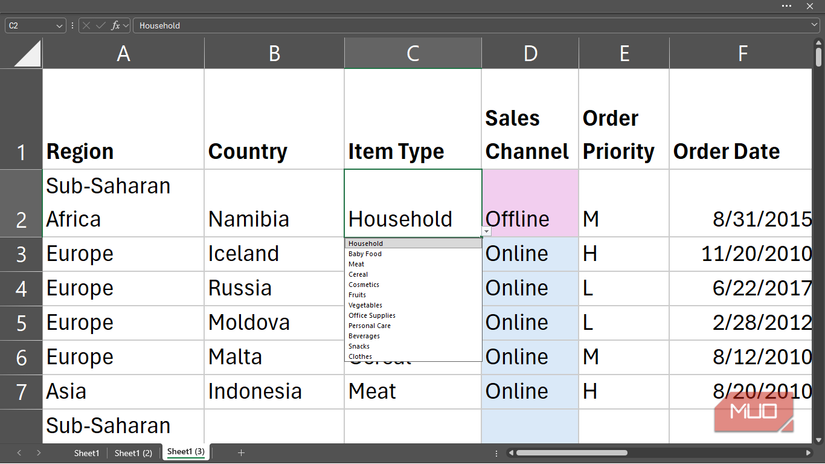 A dropdown menu in column C of an Excel Spreadsheet.