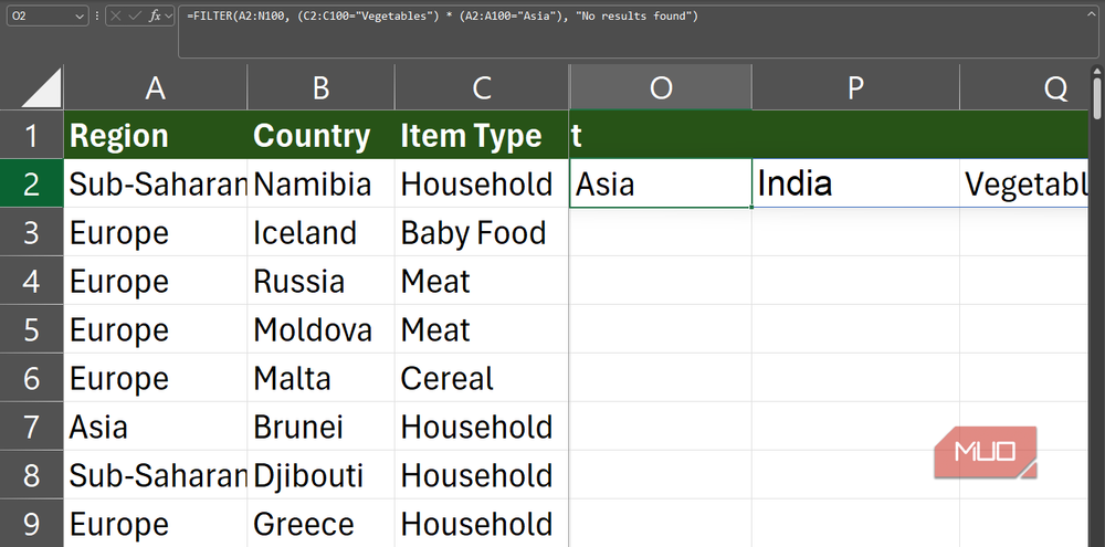 FILTER formula in the formula bar with filtered results below