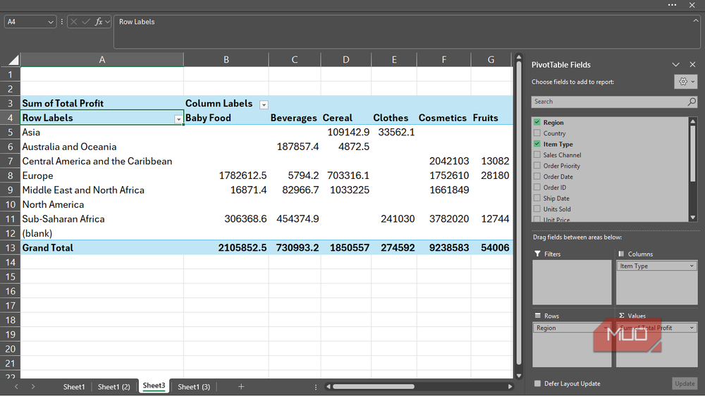 A sales summary PivotTable organizes data by dragging field names into position
