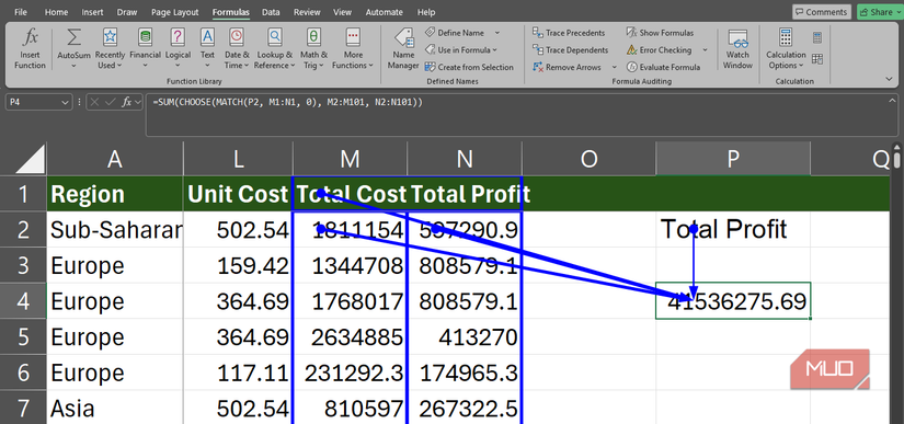 Excelで参照元のトレースが有効になっているSUMとCHOOSEの数式