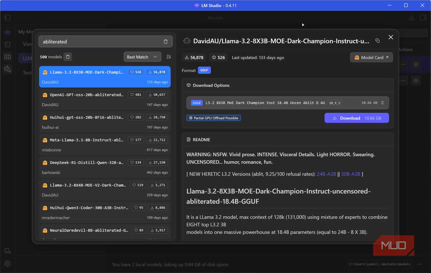 Abliterated AI models in LM Studio.