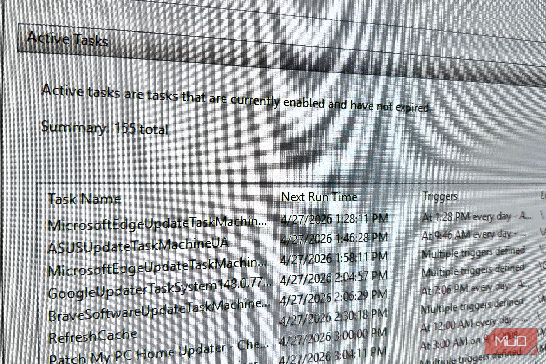 Active Tasks Windows Task Scheduler with 155 Total Tasks being shown