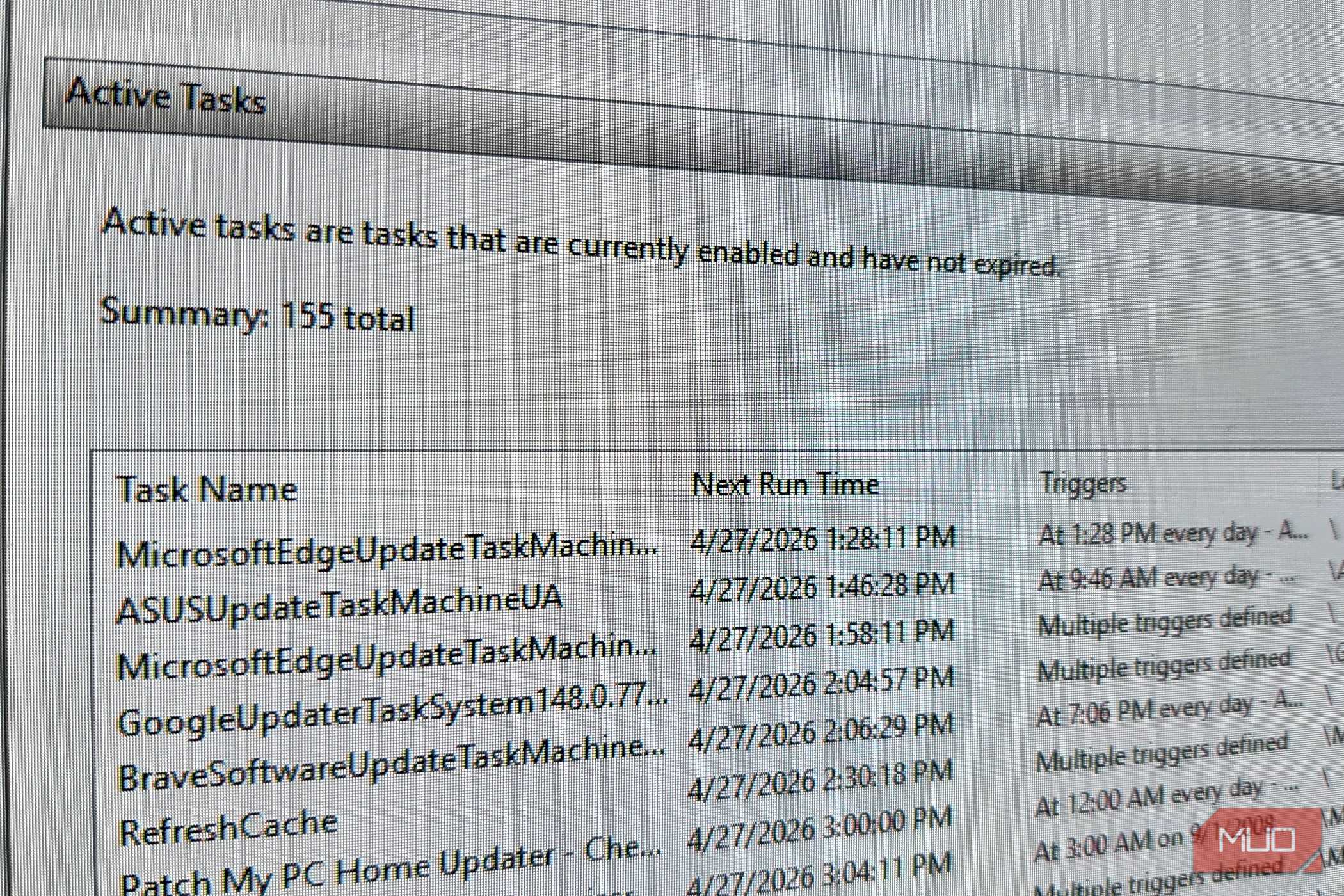 Active Tasks Windows Task Scheduler with 155 Total Tasks being shown