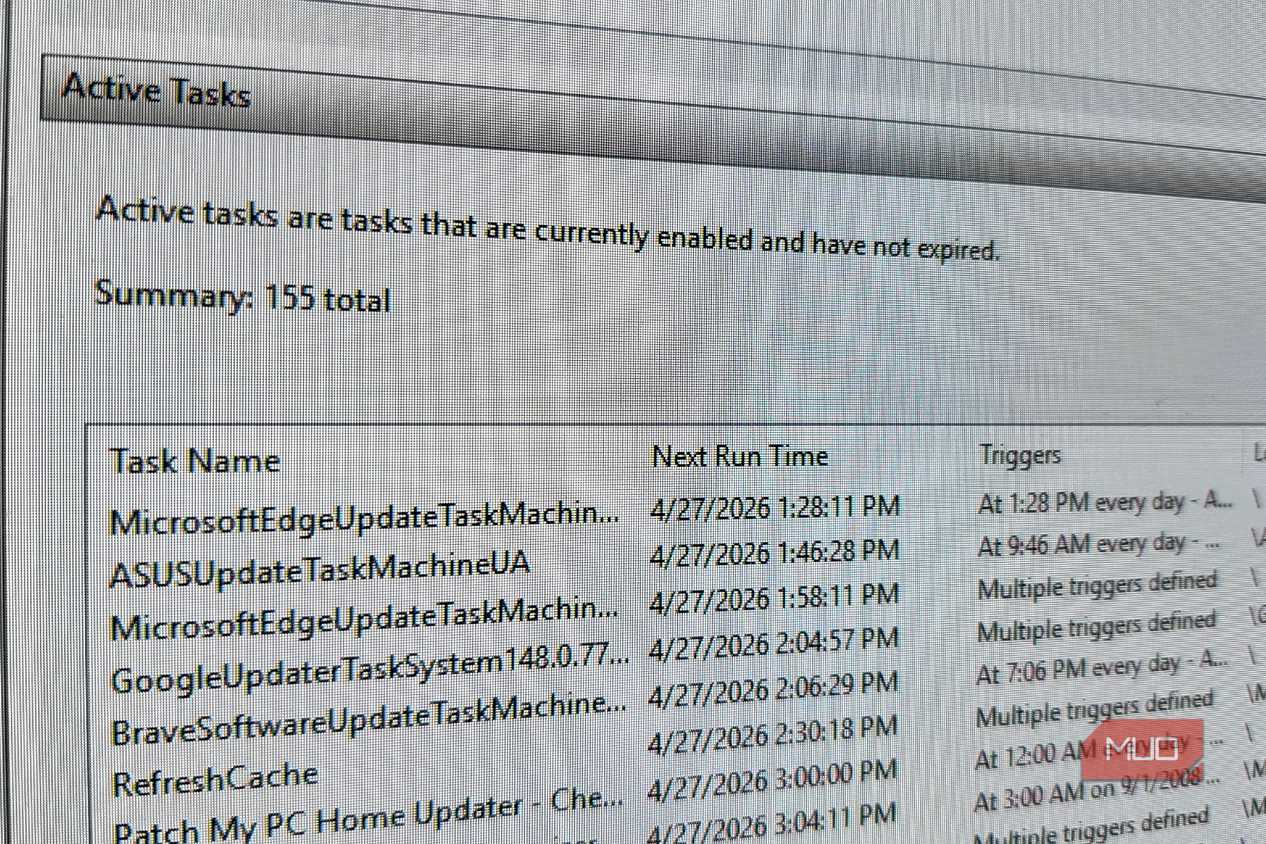 Active Tasks Windows Task Scheduler with 155 Total Tasks being shown