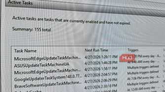 Active Tasks Windows Task Scheduler with 155 Total Tasks being shown