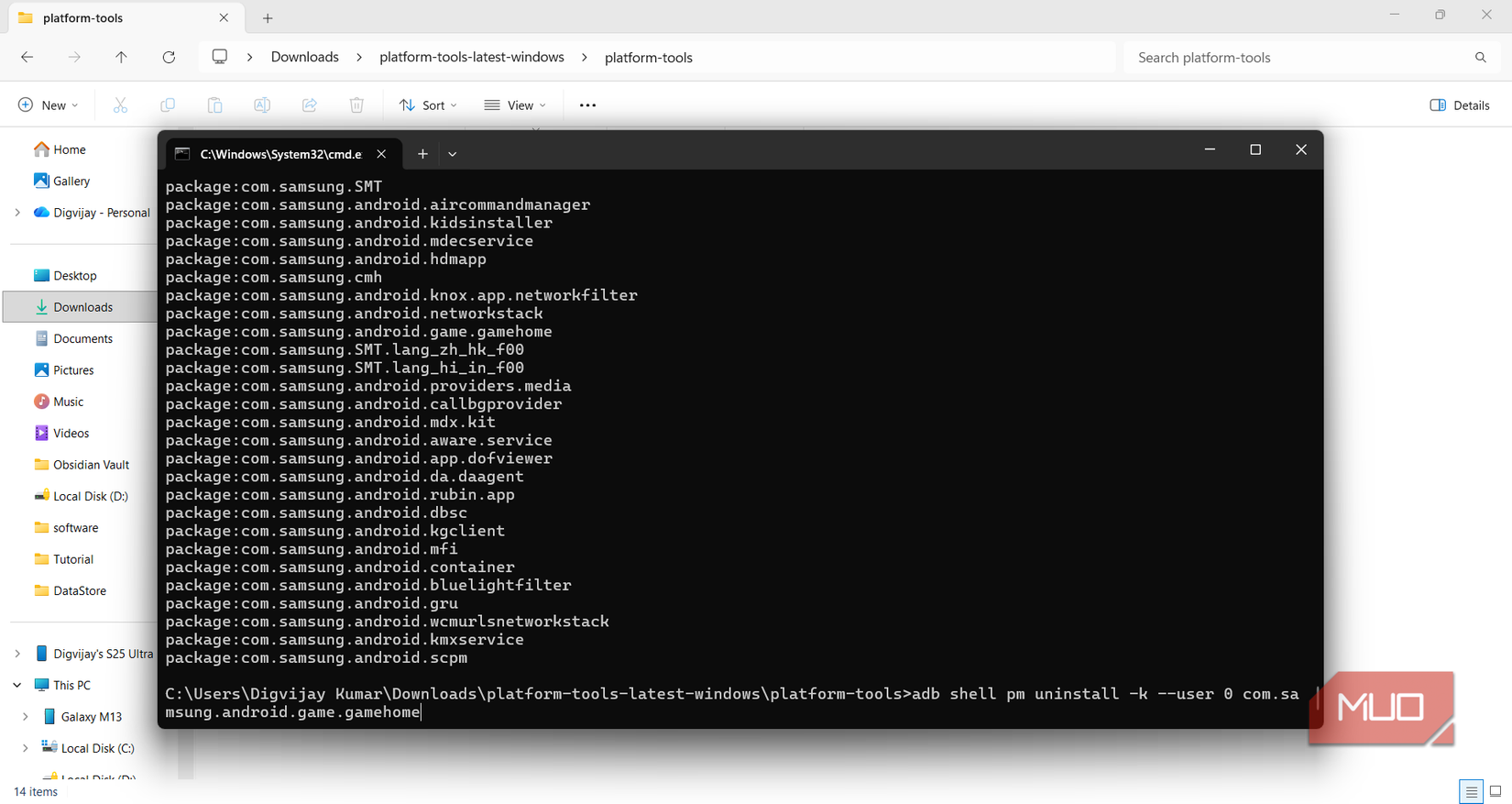 ADB uninstall command for Samsung app