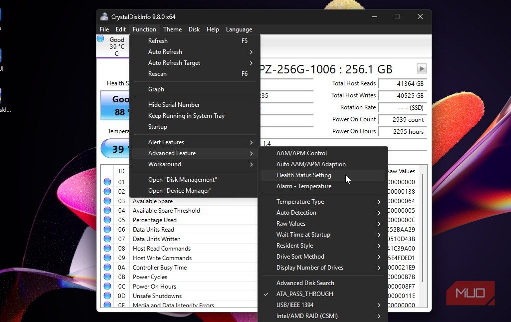 Additional options on CrystalDiskInfo