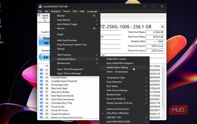 Additional options on CrystalDiskInfo