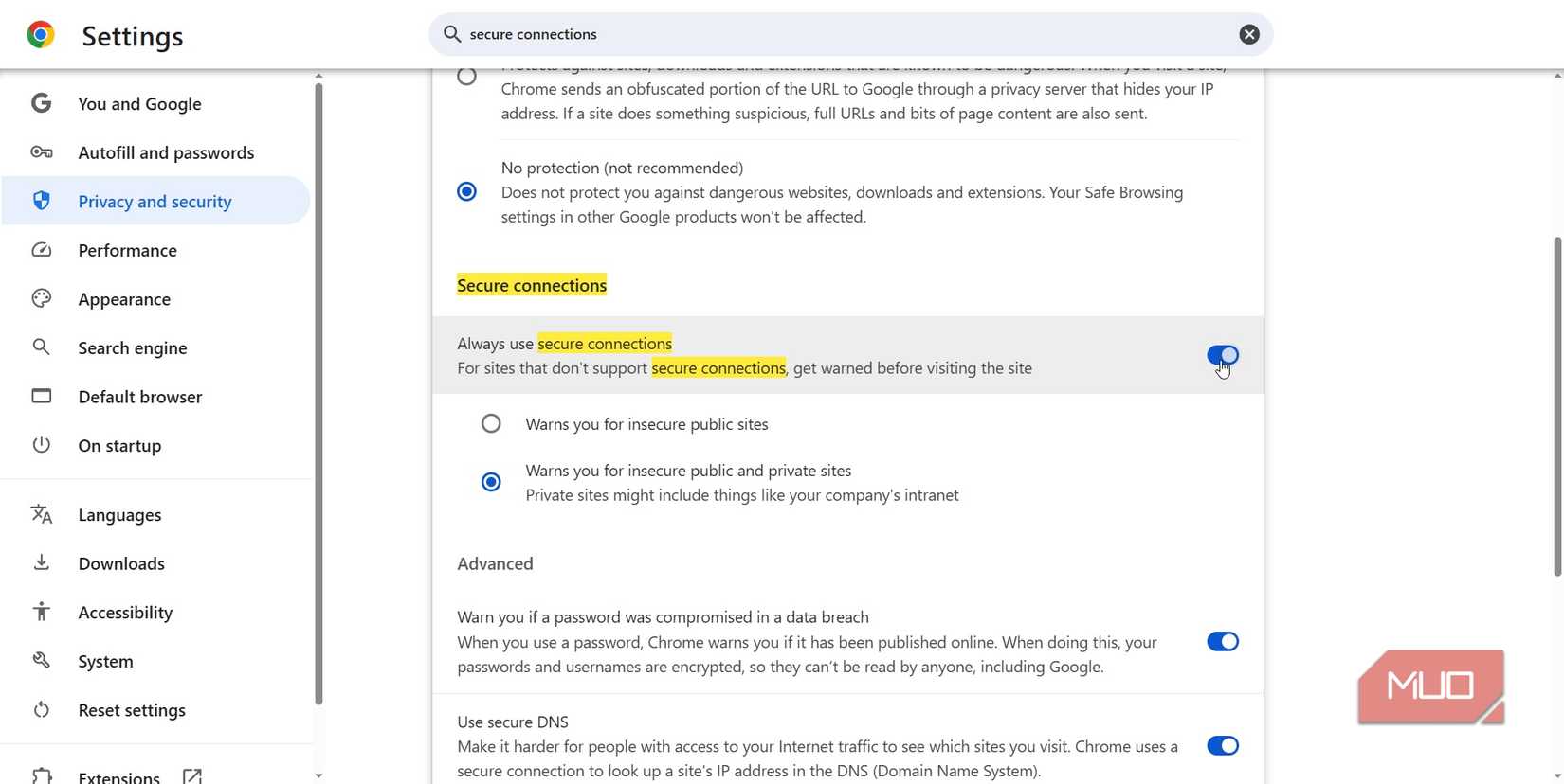 always use secure connections chrome.
