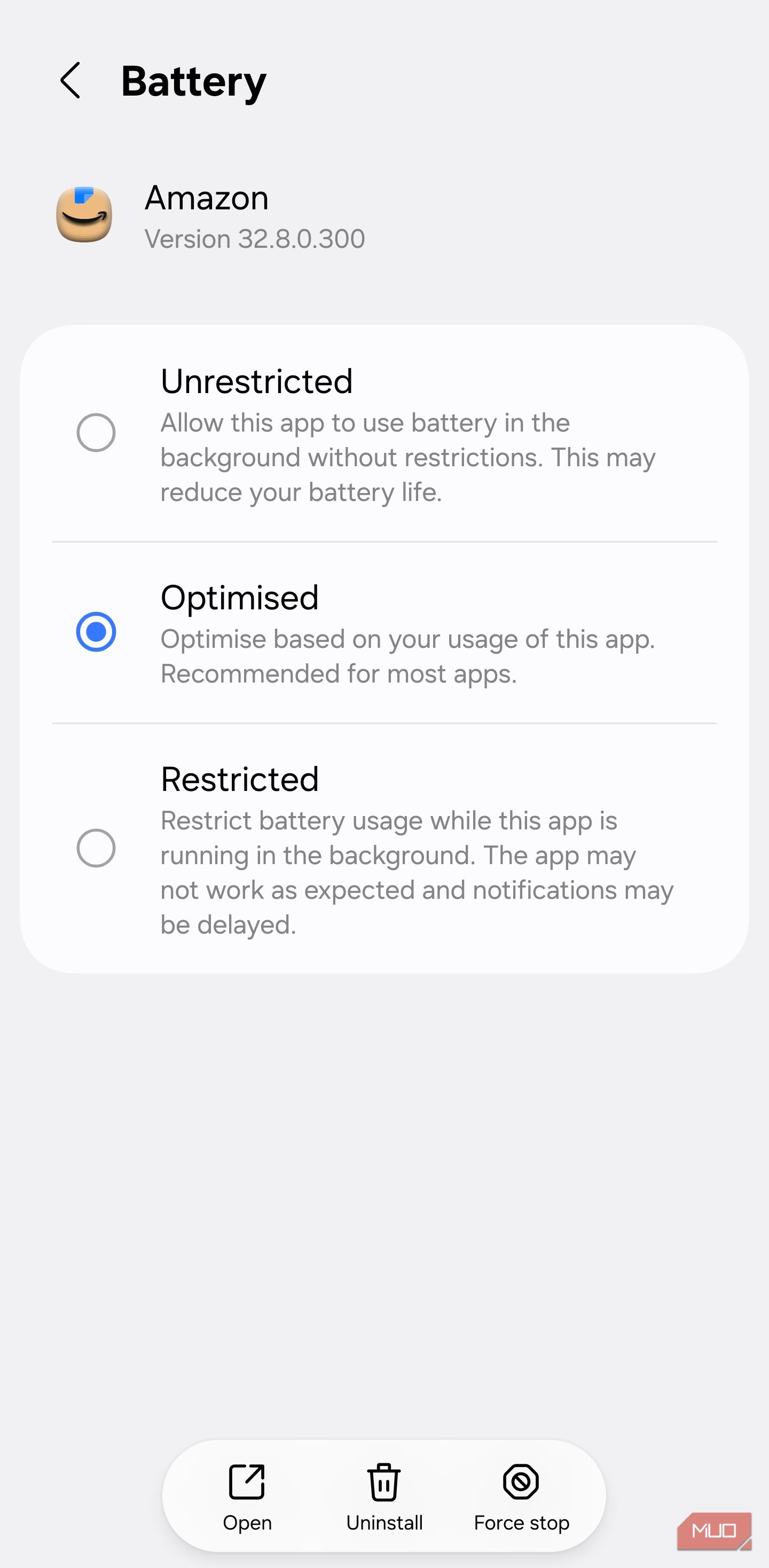 Amazon app battery settings on Samsung