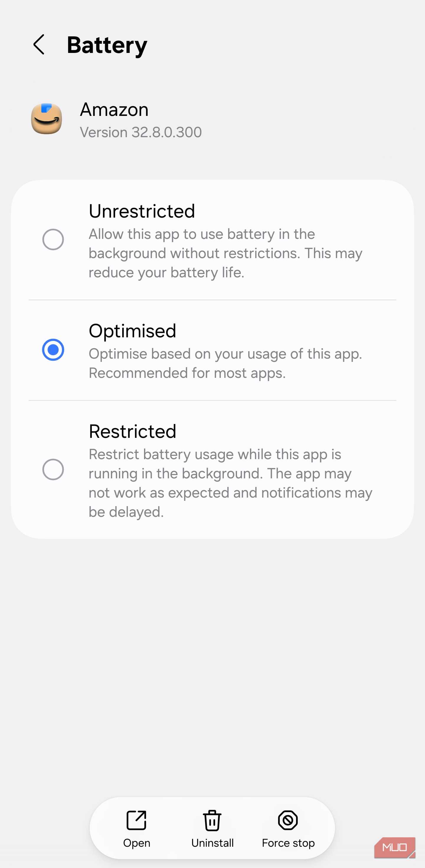 Amazon app battery settings on Samsung