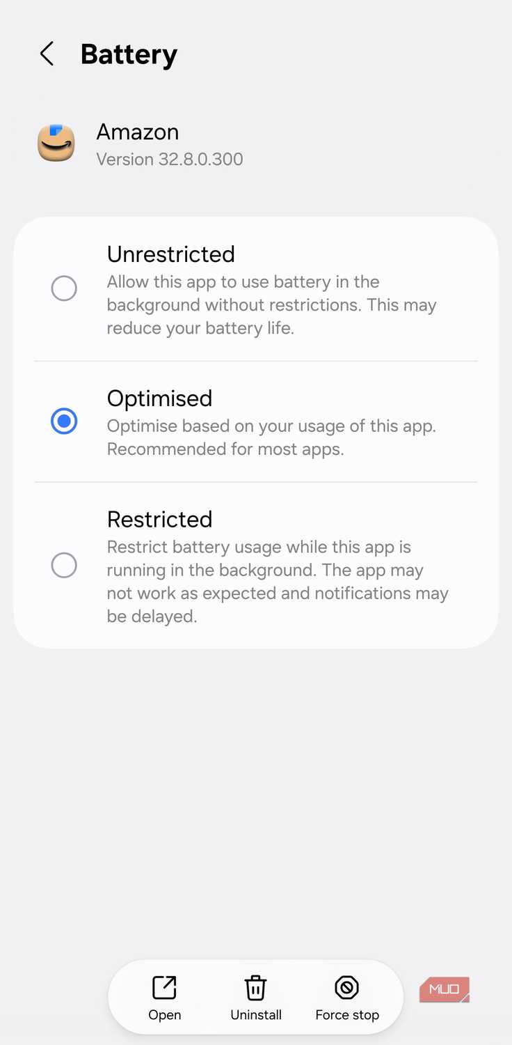 Amazon app battery settings on Samsung