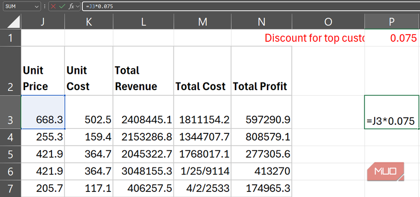 An Excel sheet with a discount rate displayed at the top in red.