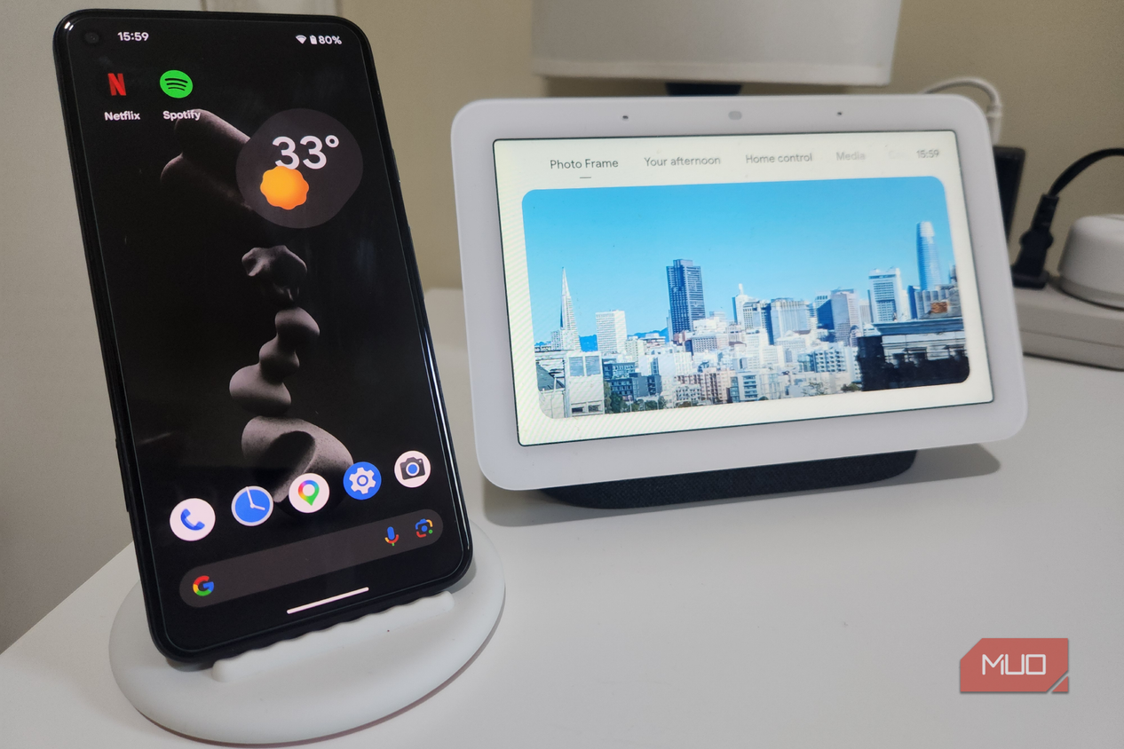 A Google Pixel 5 and a Google Nest Hub.