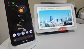 A Google Pixel 5 and a Google Nest Hub.