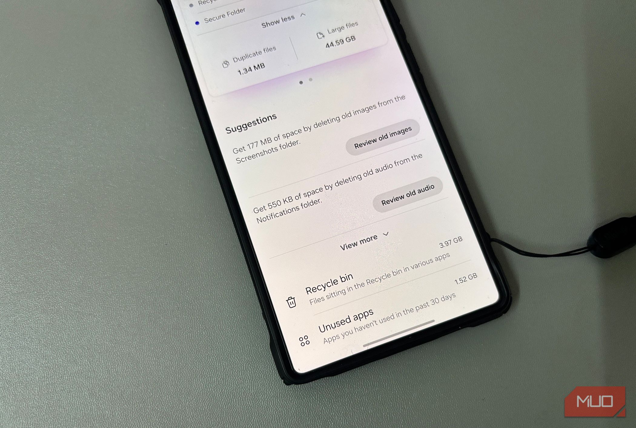 Android phone showing storage suggestions and recycle bin screen