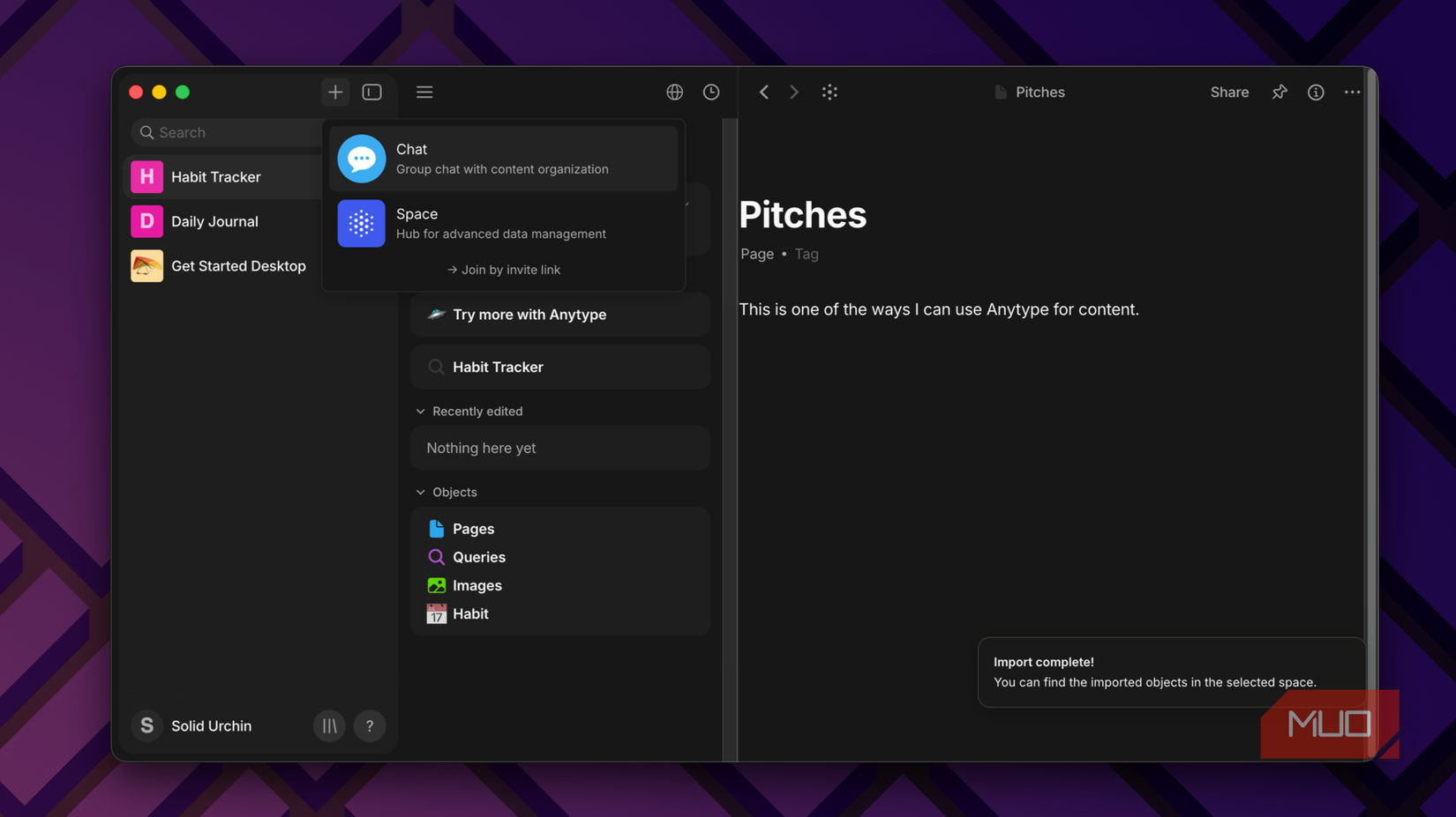 the main user interface of Anytype