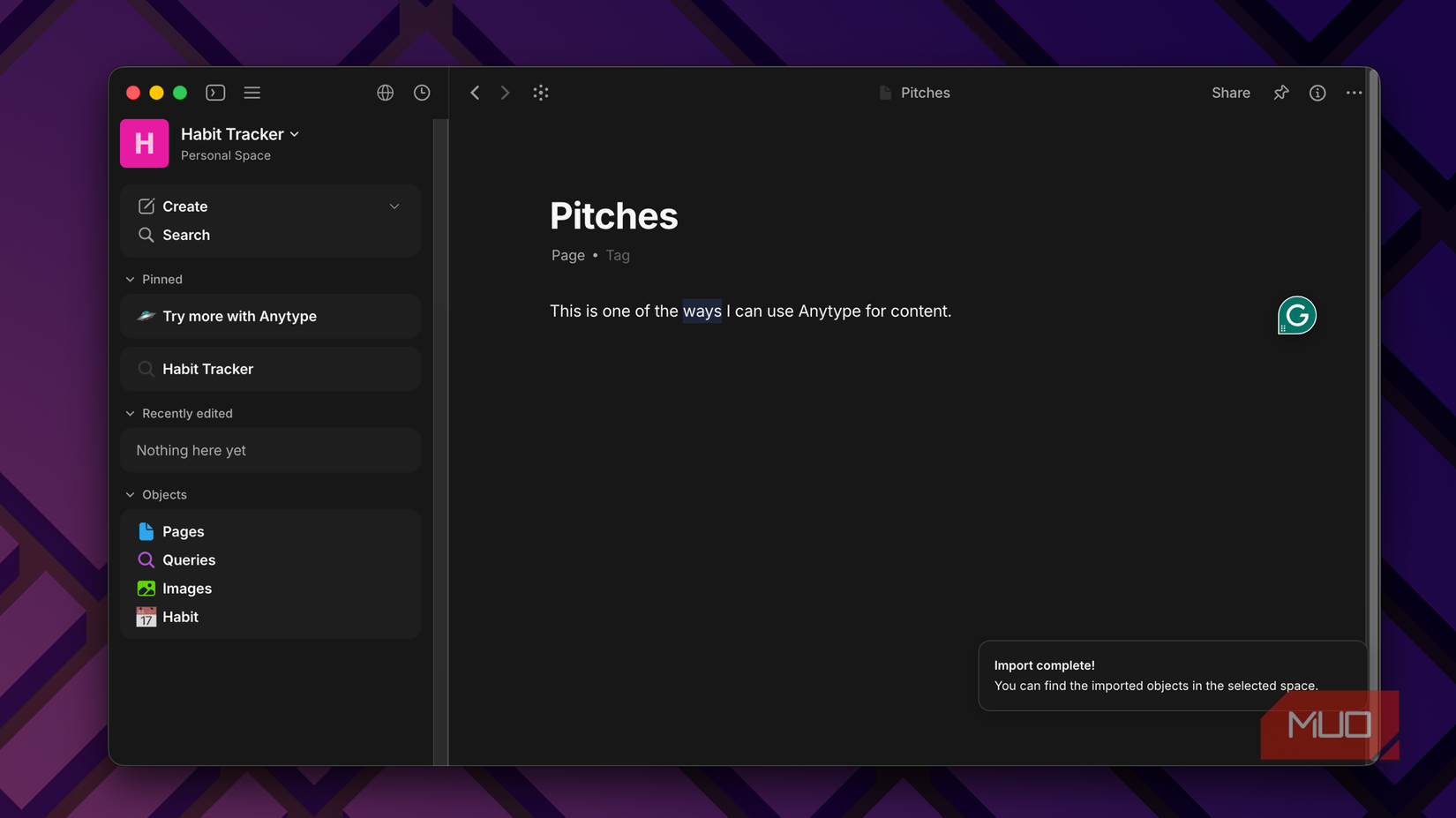 the writing experience on Anytype