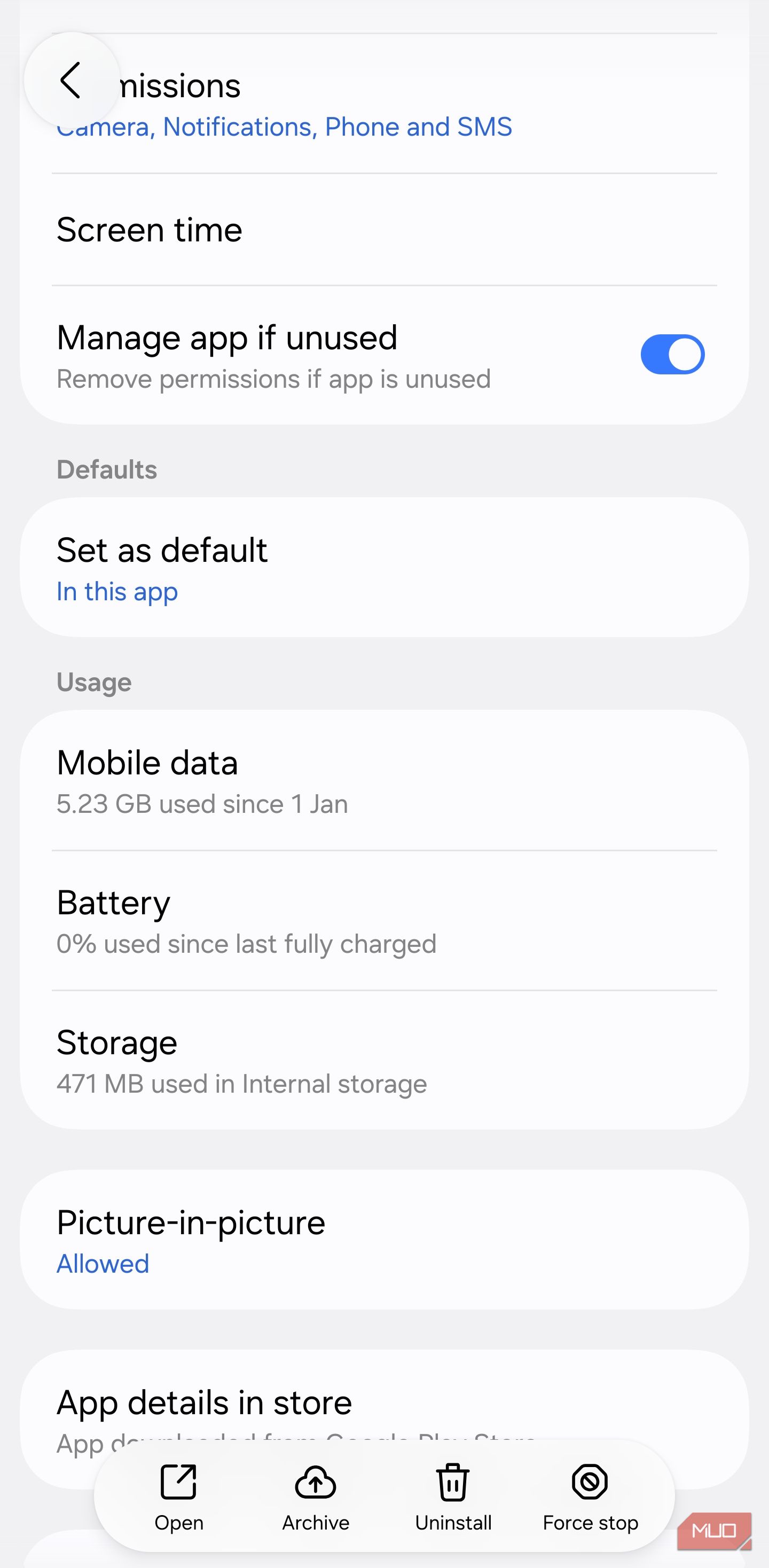 App info page showing battery usage