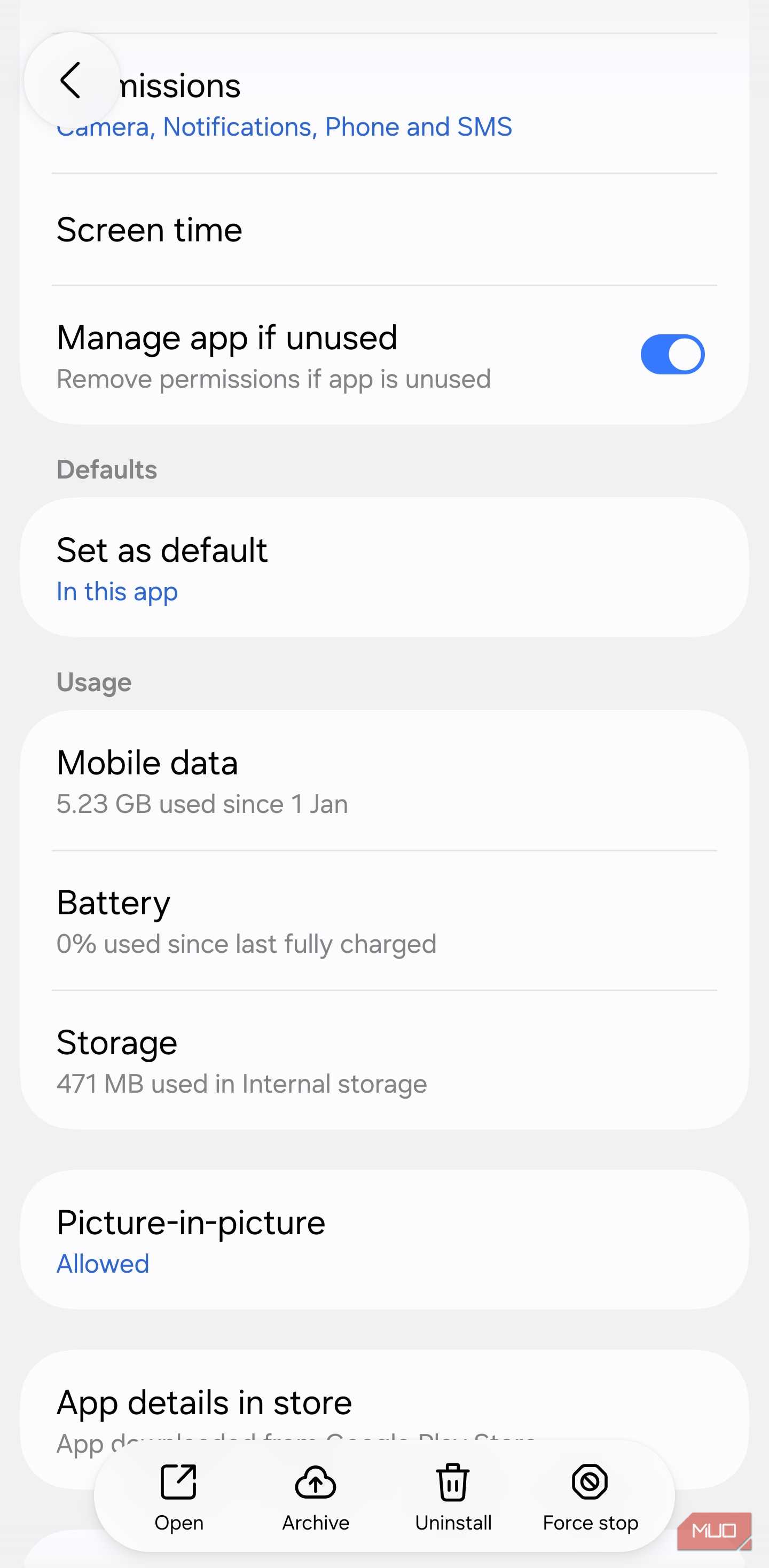 App info page showing battery usage